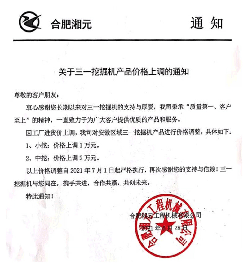 三一挖掘機產(chǎn)品價格上調(diào)